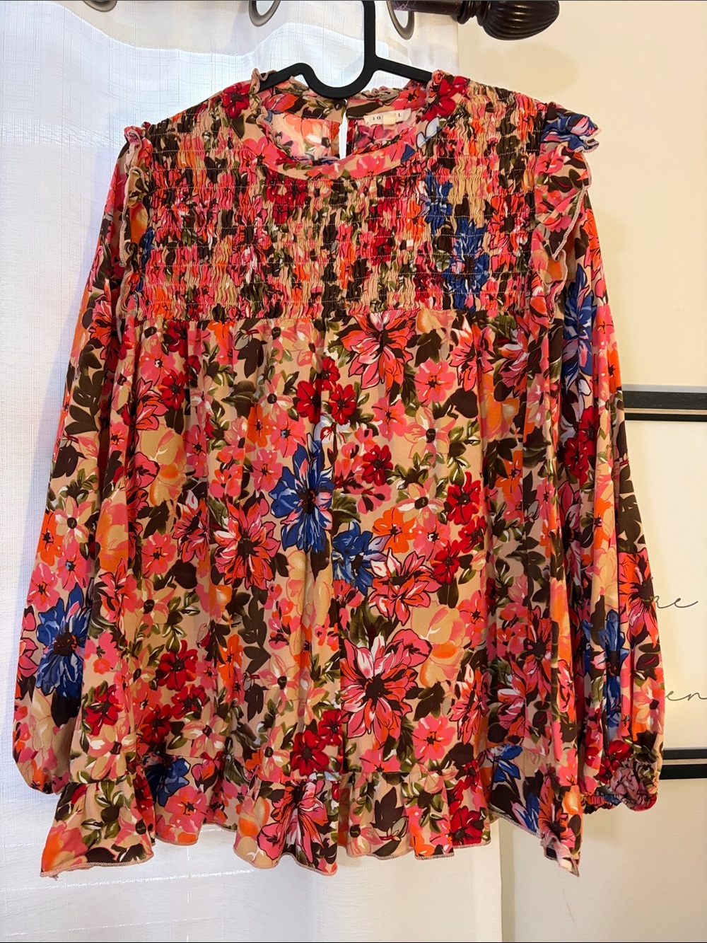 JODIFL Floral Smocked Long-Sleeve Blouse - Pink Blue Tan